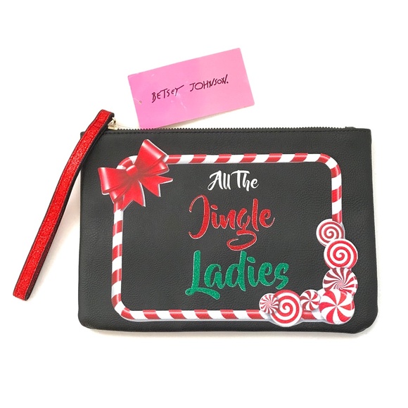 BETSY JOHNSON Wristlet All The Jingle Ladies Zippered Pouch Holiday Black NWT - Picture 1 of 16